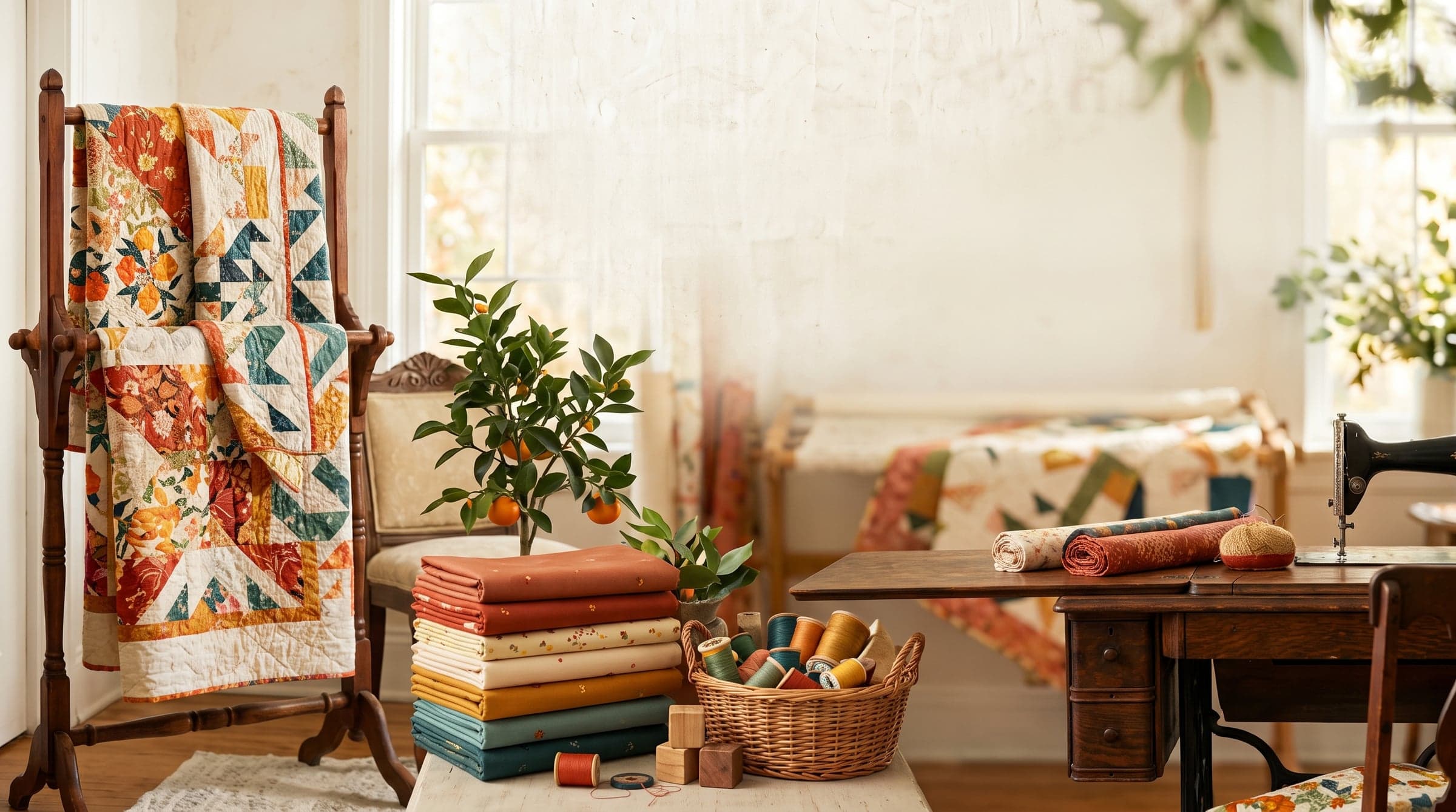 A patchwork quilt draped over a wooden rack beside stacked fabric, a basket of thread spools, and a small mandarin tree